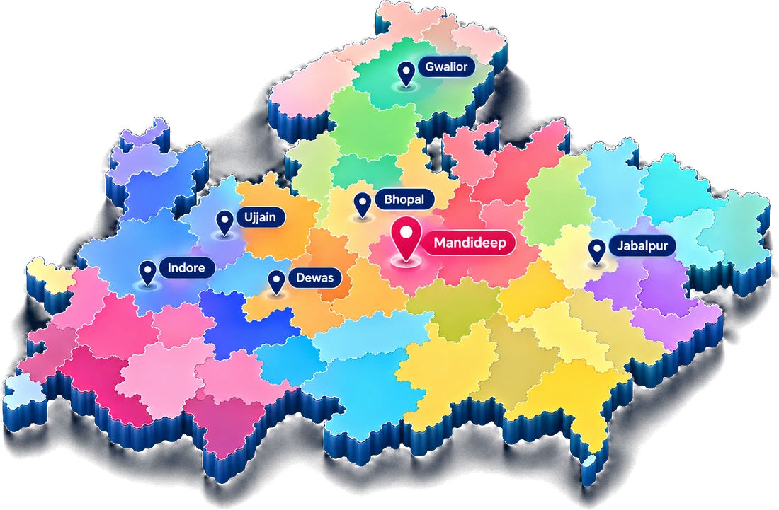 Map of Madhya Pradesh with LAO's launch town, Mandideep, pinned