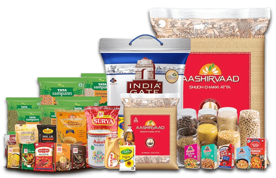 Assortment of grocery staples available on LAO — atta, dal, rice, cooking oil, ghee, spices and more
